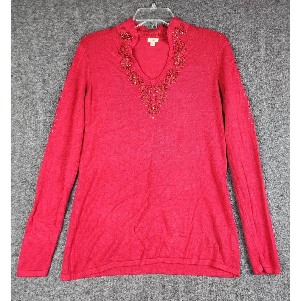 Reba‎ Sweater Womens Small Red Soutache Rhinestone V-Neck Long Sleeve Knit